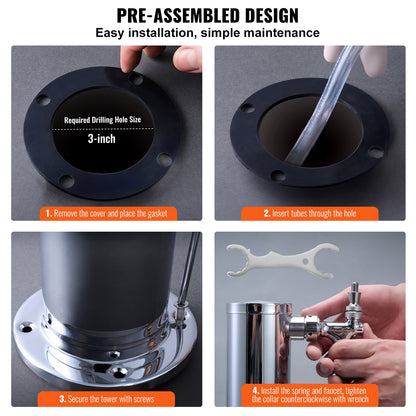 Triple Taps Fatölstornautomat, öltorn i rostfritt stål, Kegerator Tower Kit med förmonterade slangar och självstängande kranskaft för fest, bar, pub, restaurang