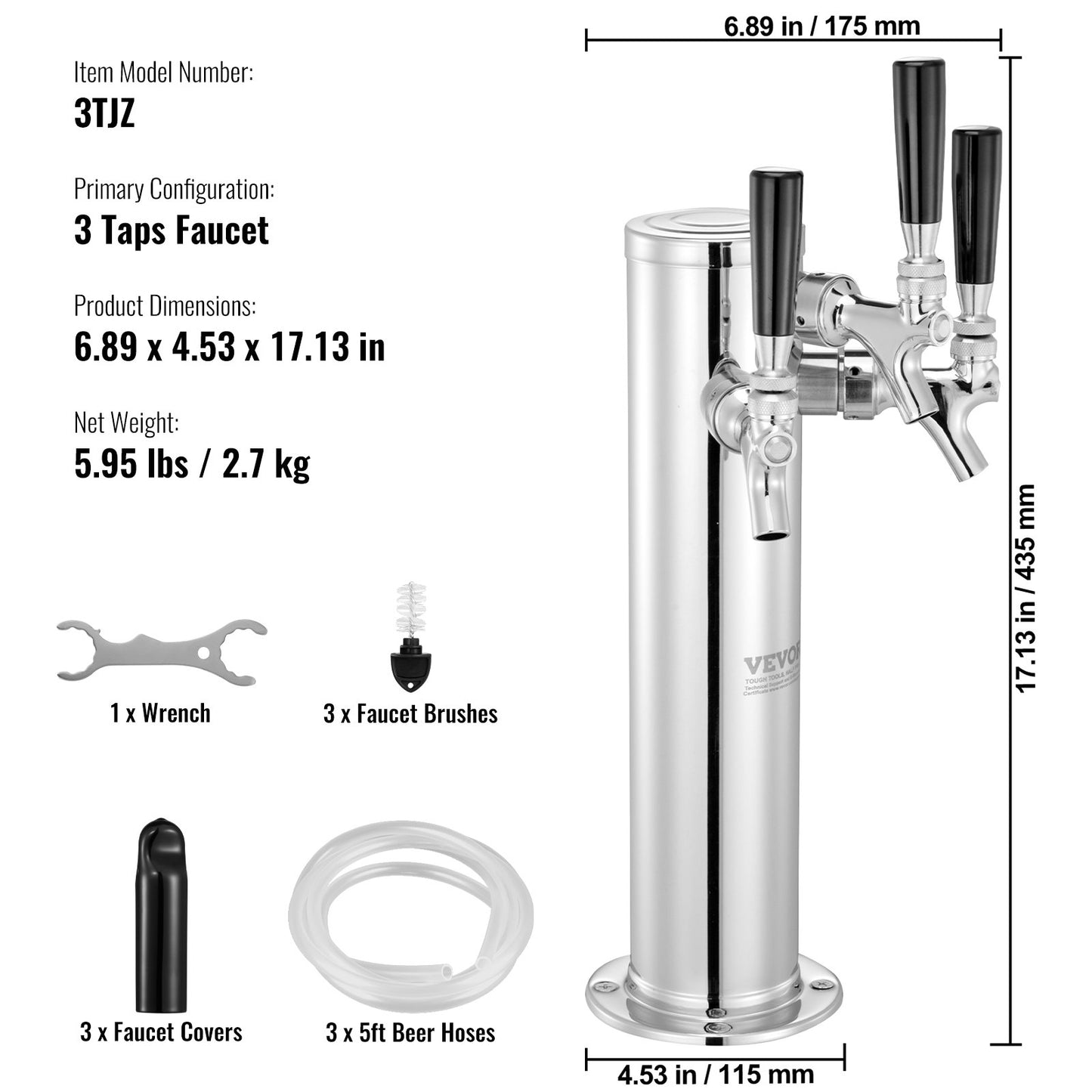 Triple Taps Fatölstornautomat, öltorn i rostfritt stål, Kegerator Tower Kit med förmonterade slangar och självstängande kranskaft för fest, bar, pub, restaurang
