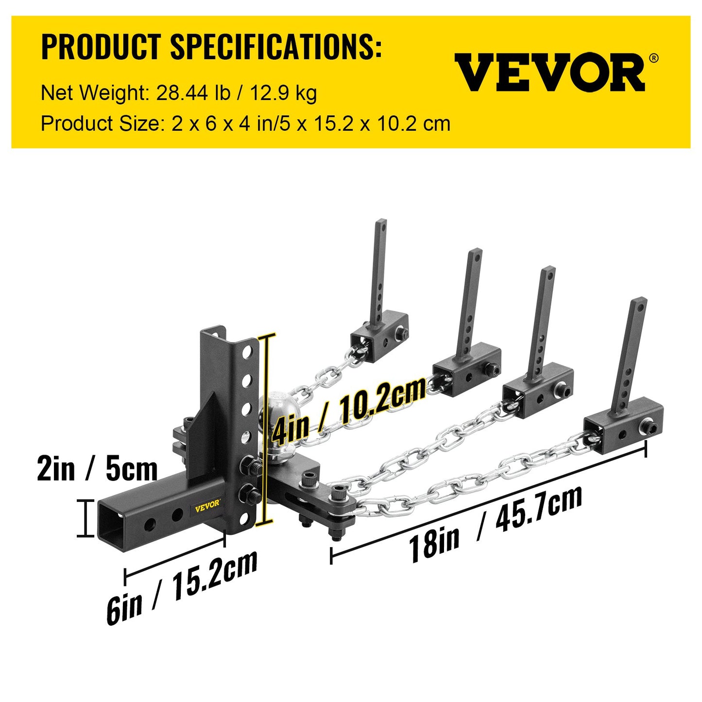 Viktfördelningsfäste, 1000 lb tungkapacitet lastutjämningskoppling med svajkontroll, 2" kula & 4" drop/rise & 4 kedjor & universell ramfäste, no-bounce no-sway bogsering av släp