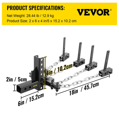 Viktfördelningsfäste, 1000 lb tungkapacitet lastutjämningskoppling med svajkontroll, 2" kula & 4" drop/rise & 4 kedjor & universell ramfäste, no-bounce no-sway bogsering av släp