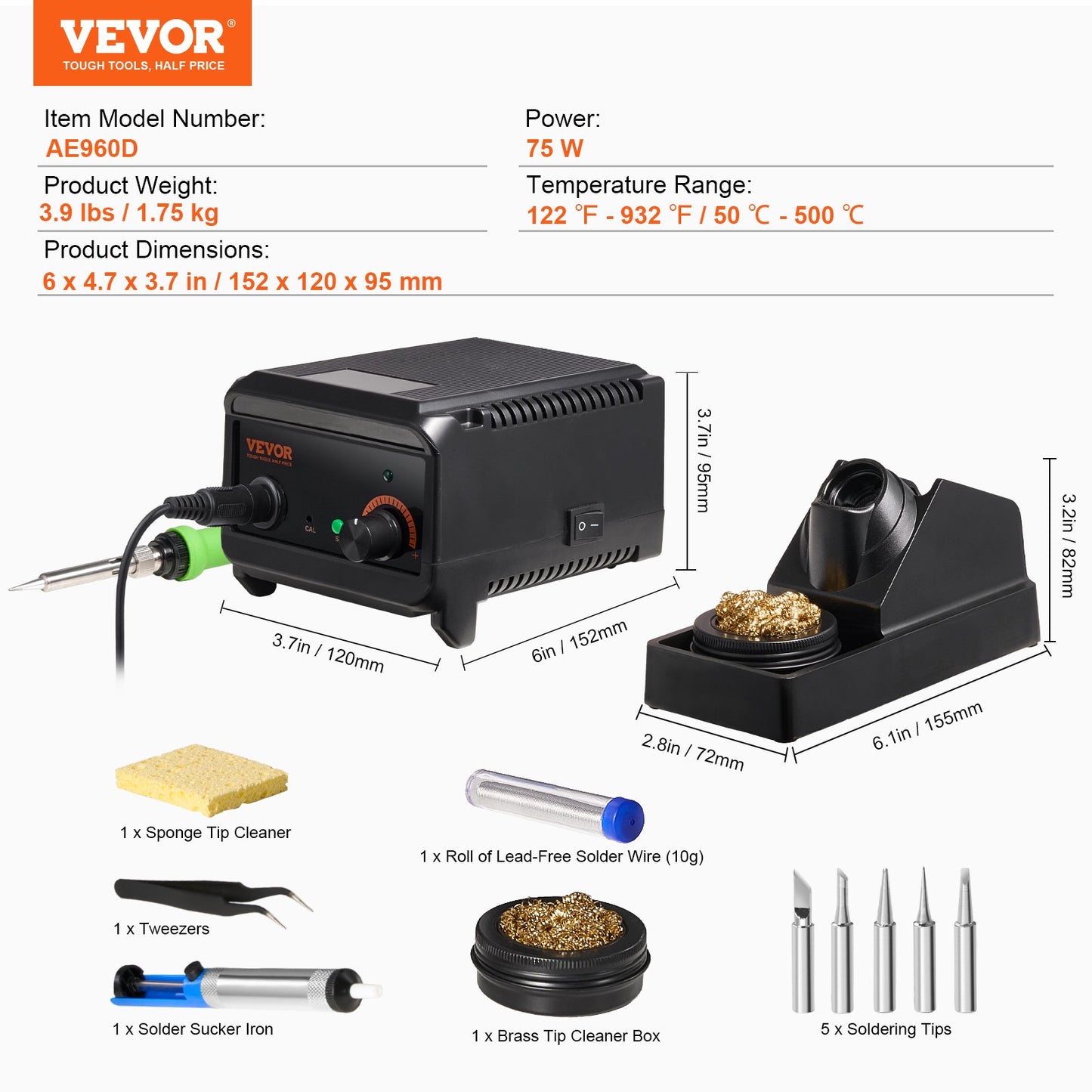 Soldering Iron Station 75W LCD Display Soldering Station Kit 122°F-932°F