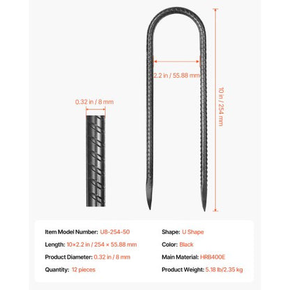 10-inch 12-pack rebar supports heavy duty U-shaped galvanized ground anchors