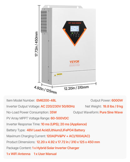 Hybrid Solar Inverter Laddare 6000W 220/230V WIFI Inbyggd 120A MPPT Controller