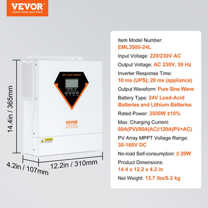 Hybrid-Solarwechselrichter-Ladegerät 3500 W 230 V mit integriertem 60 A MPPT-Controller