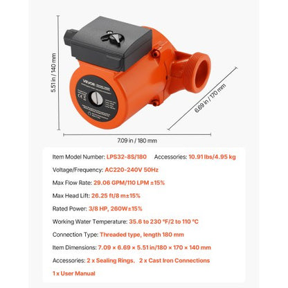 LPS32-8S/180 Gjutjärnscirkulationspump, 3/8 hk, 220-240V 110 l/min varmvattencirkulationspump, gängad anslutning, 3-växlad justering, tyst drift, för värmesystem i hemmet |  EU