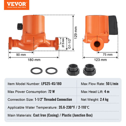 Kurbel-Warmwasser-Umwälzpumpe, Umwälzpumpe aus Gusseisen, 220 V, 72 W, max. Durchfluss 50 l/min, max. Förderhöhe 4 m, 1-1/2-Zoll-Gewindeanschluss, Temperaturbereich von 2 °C bis 110 °C, drei einstellbare Durchflussraten, geräuscharm