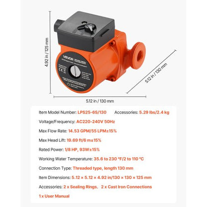 LPS25-6S/130 Gjutjärnscirkulationspump, 1/8 hk, 220-240V 55 l/min varmvattencirkulationspump, gängad anslutning, 3-växlad justering, tyst drift, för värmesystem i hemmet |  EU