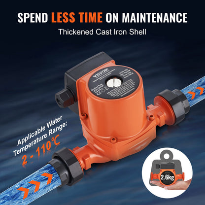 Vevor varmvattencirkulationspump Gjutjärnscirkulationspump 220V 92W, 60 L/min Max flöde, 6m Max huvudlyft, 1-1/2" gängad anslutning, 2°c till 110°c temperaturområde, tre justerbar flödeshastighet Lågt ljud