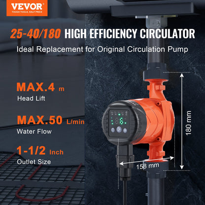 Hot Water Circulation Pump Energy Efficient High Efficiency Circulation Pump ECM Permanent Magnet Motor 220V 22W, 50 L/min Max Flow Rate, 4m Max Head Lift, 1-1/2" Threaded Connection, 5 Intelligent Control Modes Low Noise