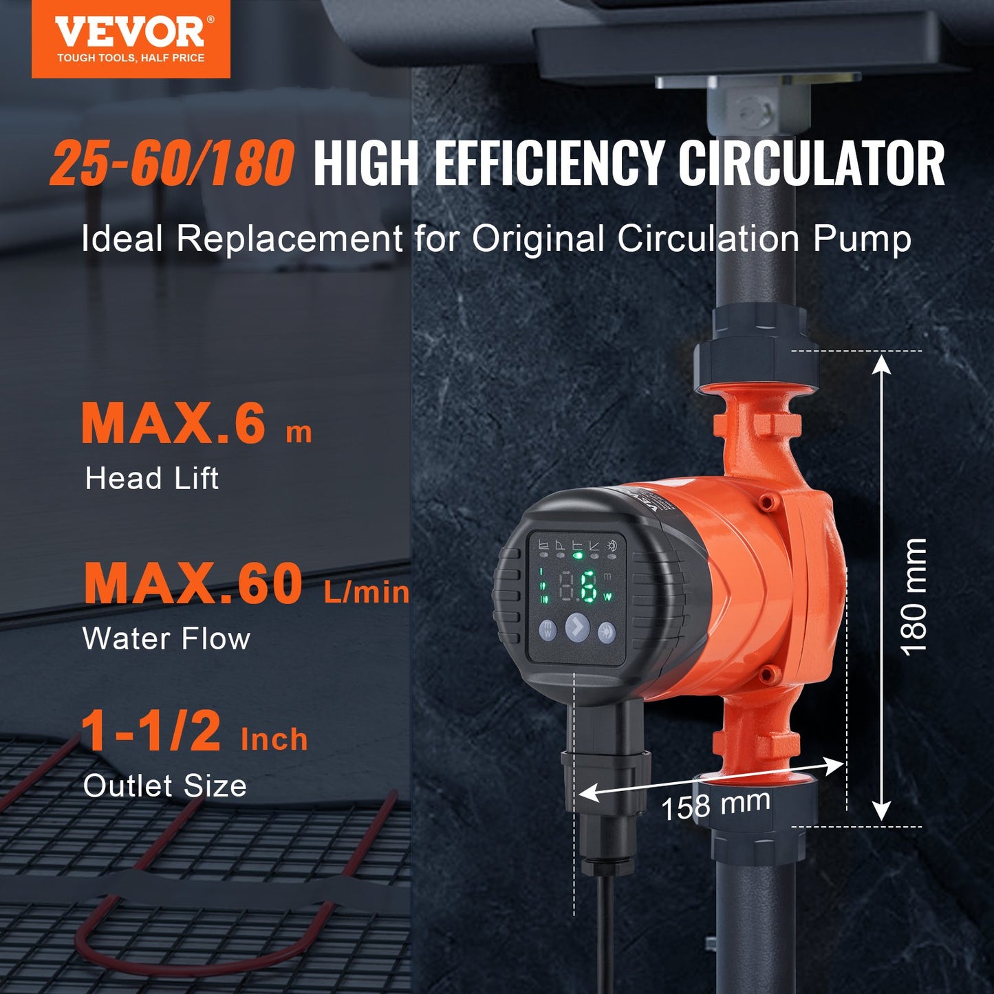 Hot Water Circulation Pump Energy Efficient High Efficiency Circulation Pump ECM Permanent Magnet Motor 220V 45W, 60 L/min Max Flow Rate, 6m Max Head Lift, 1-1/2" Threaded Connection, 5 Intelligent Control Modes Low Noise