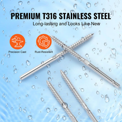 102-pack kabelräcke Swage gängad dubbspänning ände monteringsterminal för 3,2 mm däckkabelräcke, T316 rostfritt stål, kabelräckessträckare 3,2 mm för trä/metallstolpe, silver