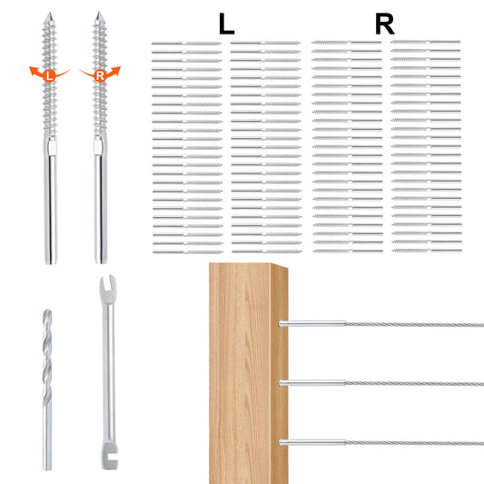 102-pack kabelräcke Swage gängad dubbspänning ände monteringsterminal för 3,2 mm däckkabelräcke, T316 rostfritt stål, kabelräckessträckare 3,2 mm för trä/metallstolpe, silver