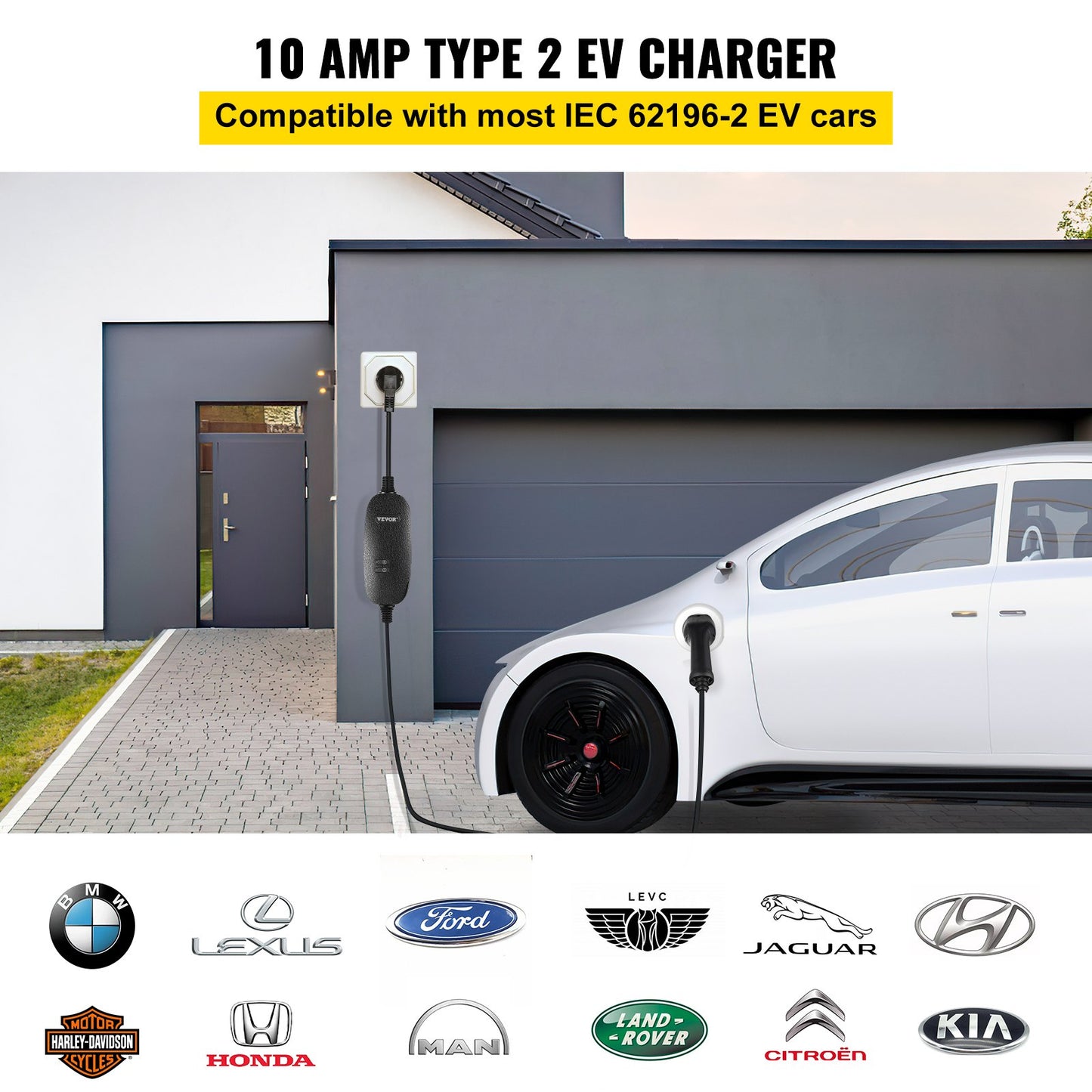 Bärbar elbilsladdare, typ 2 10A, elfordonsladdare 6 meter laddningskabel med UK 3-stiftskontakt, IP66 Max vattentät nivå, 3kW 250V IEC 62196-2 Home EV Laddningsstation med bärväska, CE
