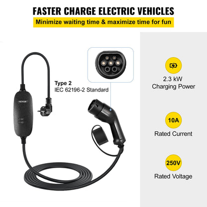 Bärbar elbilsladdare, typ 2 10A, elfordonsladdare 6 meter laddningskabel med UK 3-stiftskontakt, IP66 Max vattentät nivå, 3kW 250V IEC 62196-2 Home EV Laddningsstation med bärväska, CE