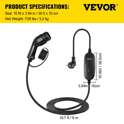Bärbar elbilsladdare, typ 2 10A, elfordonsladdare 6 meter laddningskabel med UK 3-stiftskontakt, IP66 Max vattentät nivå, 3kW 250V IEC 62196-2 Home EV Laddningsstation med bärväska, CE