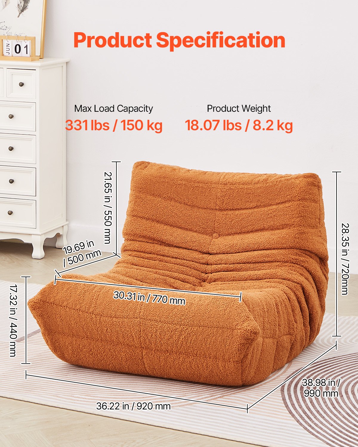 L-formad Bean Bag Stol med mjuka armstöd och förvaringsficka Brun