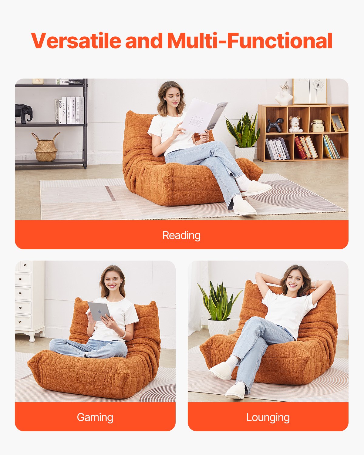 L-formad Bean Bag Stol med mjuka armstöd och förvaringsficka Brun