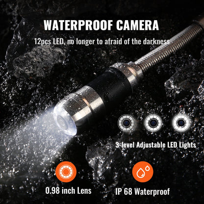 Sewer camera pipe inspection camera 7 inch screen 1000TVL camera 100 feet pipeline inspection camera with DVR function, waterproof IP68 camera with 12 adjustable LEDs, with a 16GB SD card for sewer line, home, canal drain pipe.