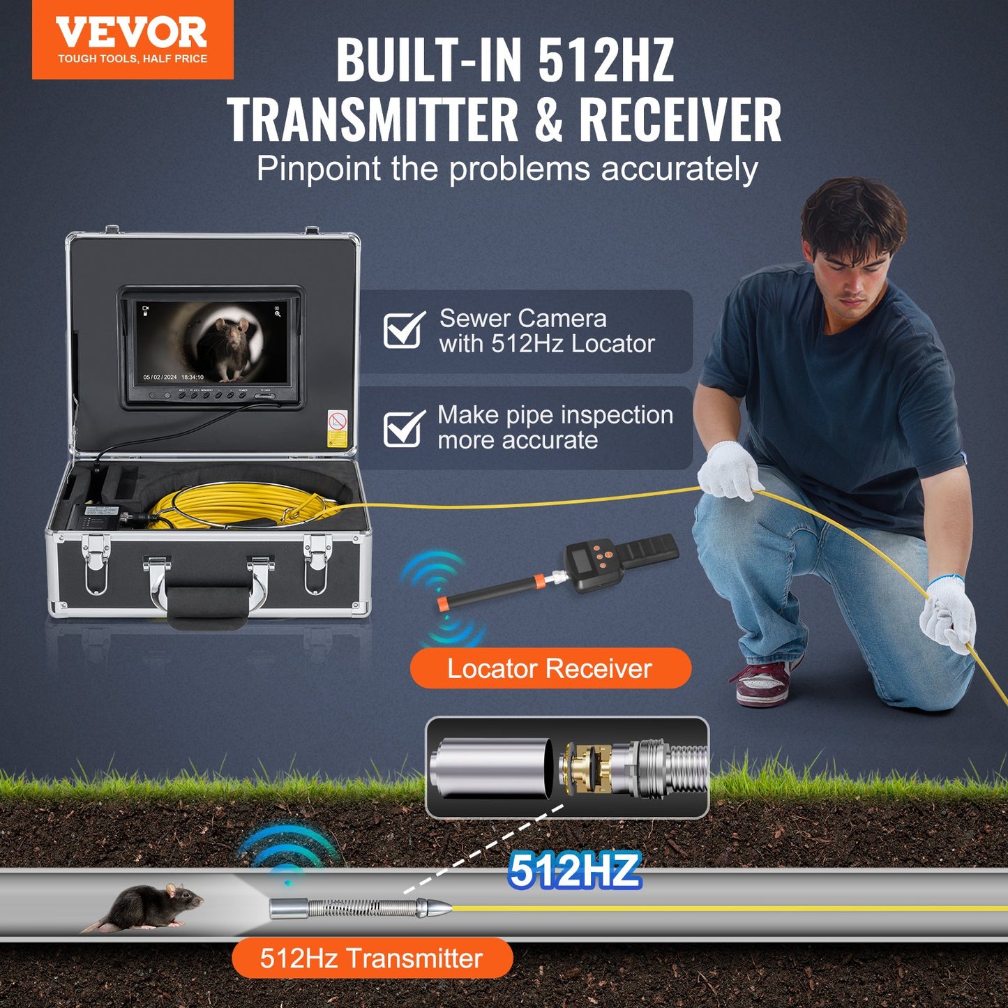 Sewer Camera 98ft Self-Leveling Sewer Camera with 512Hz Locator 36X Zoom