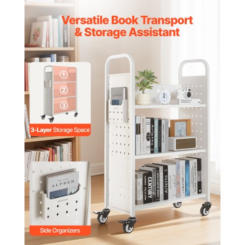 3-Tier Rolling Book Cart Single-Sided L-Shaped Book Cart in White