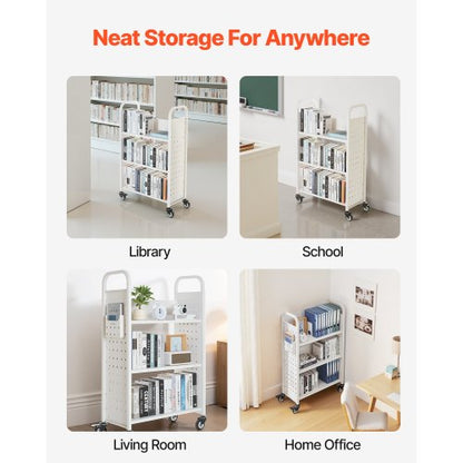 3-Tier Rolling Book Cart Single-Sided L-Shaped Book Cart in White