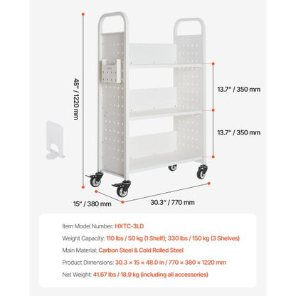 3-Tier Rolling Book Cart Single-Sided L-Shaped Book Cart in White