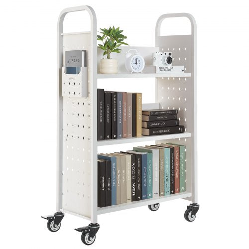 3-Tier Rolling Book Cart Single-Sided L-Shaped Book Cart in White