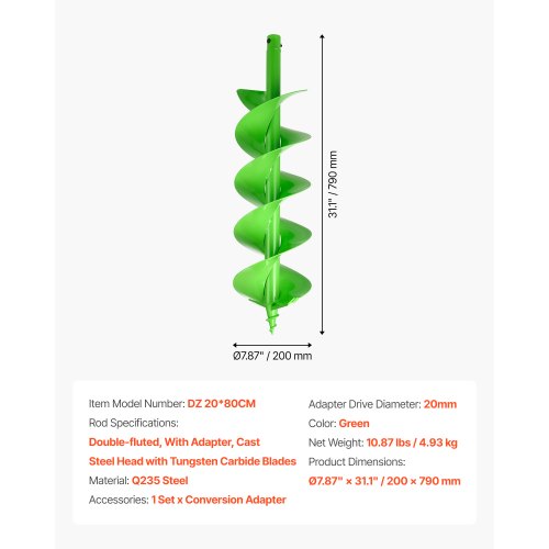 Auger Drill 7.87 x 31.1 Inch Soil Spiral Post Hole Digger Planting Tool
