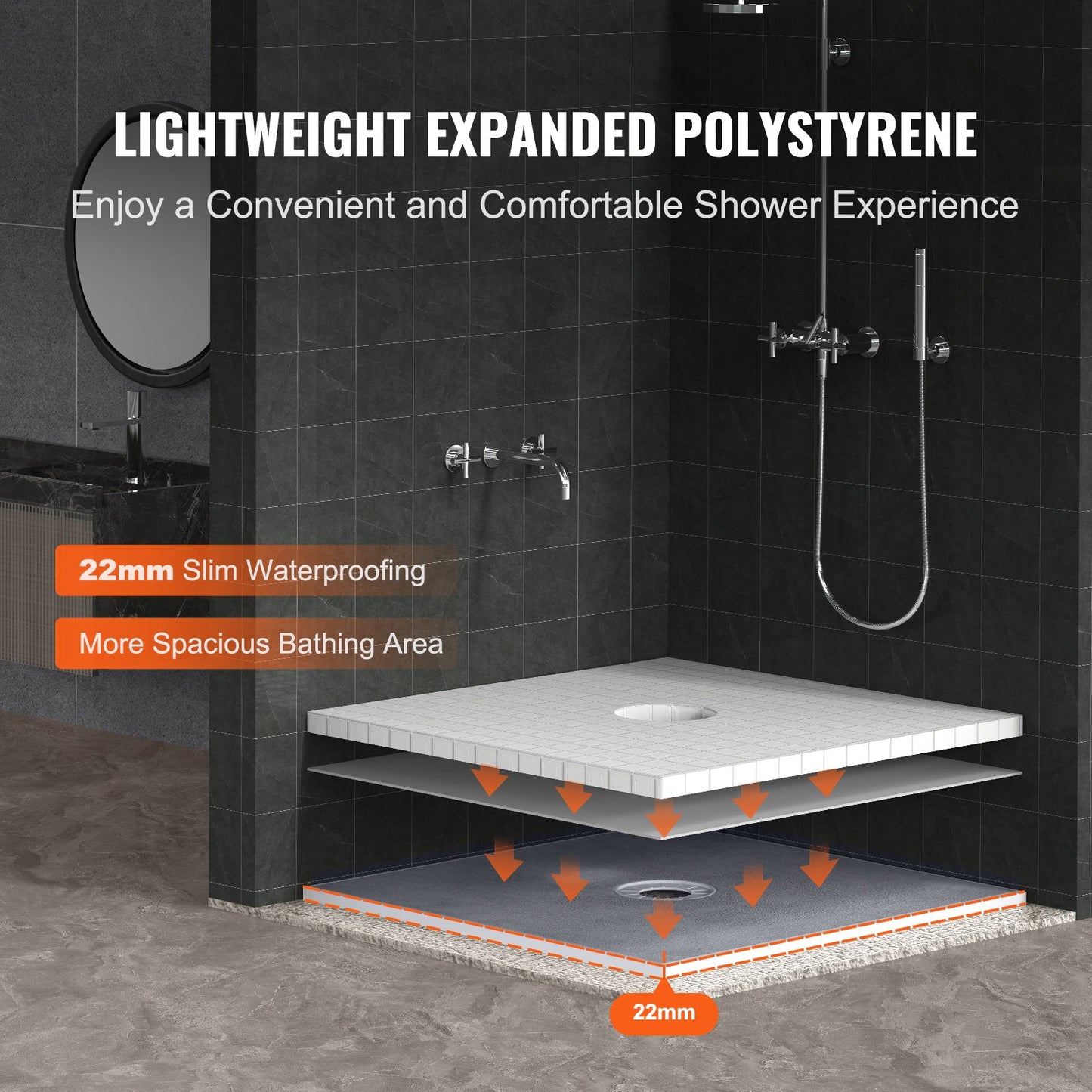 Shower edge kit, 914x914 mm shower tray kit with 160 mm central drain, lightweight EPS shower installation kits with 2 waterproof sheets, shower tray tilt rods Suitable for bathrooms