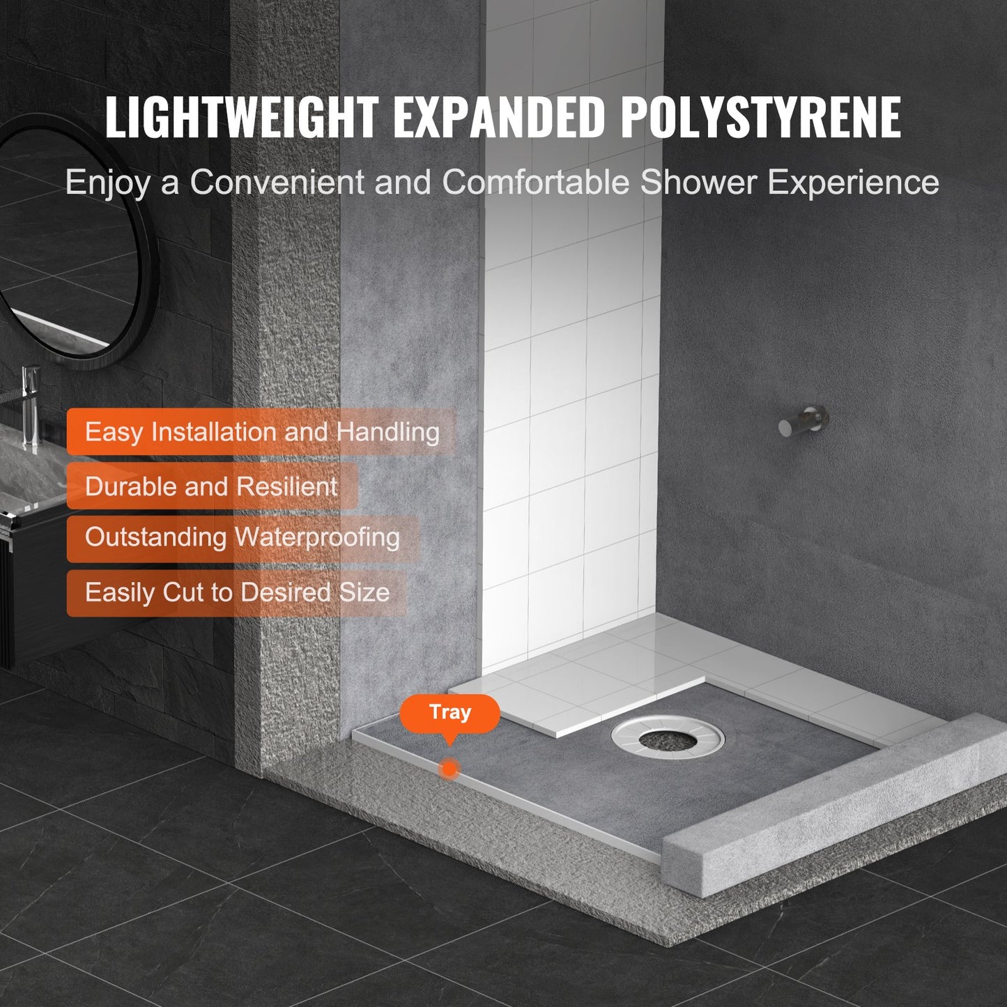 Shower edge kit, 914x914 mm shower tray kit with 160 mm central drain, lightweight EPS shower installation kits with 2 waterproof sheets, shower tray tilt rods Suitable for bathrooms