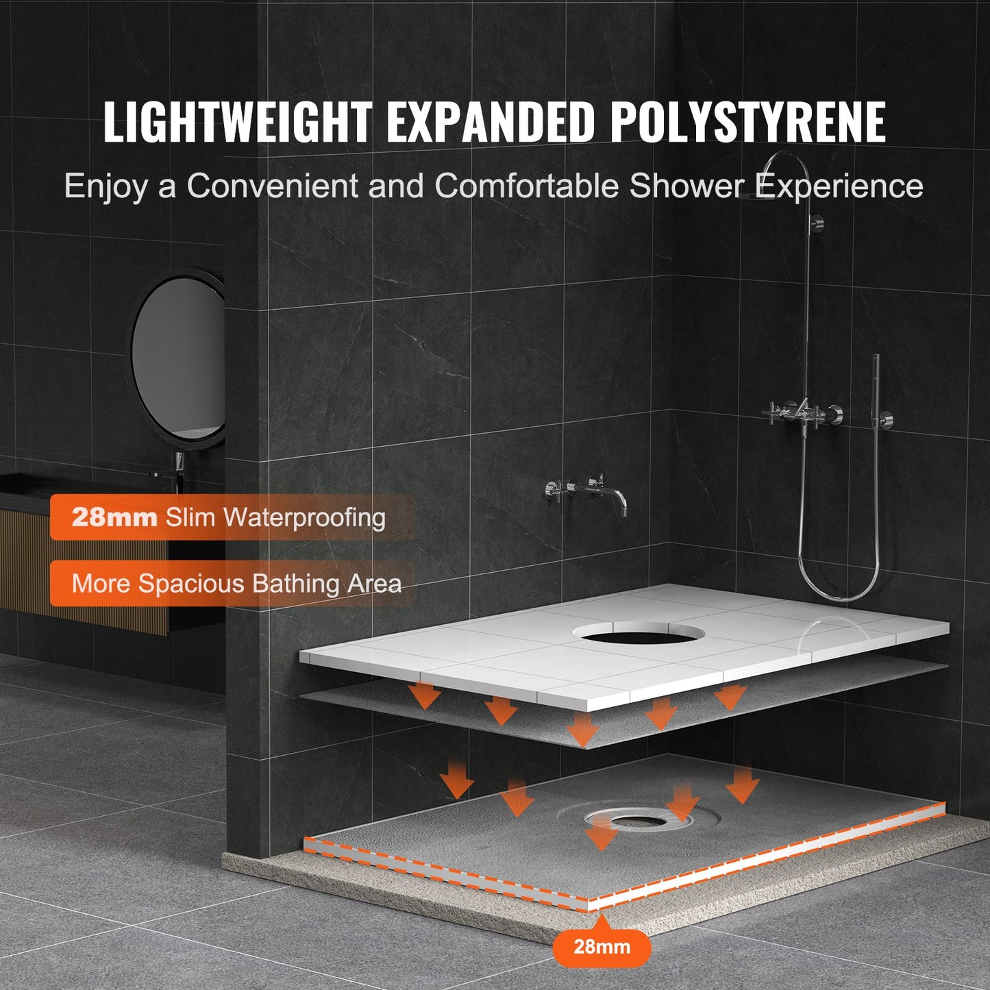 Shower edge kit, 1524x965 mm shower tray kit with 160 mm central drain, lightweight EPS shower installation kits with 2 waterproof cloths, shower tray tilt rods Suitable for bathrooms