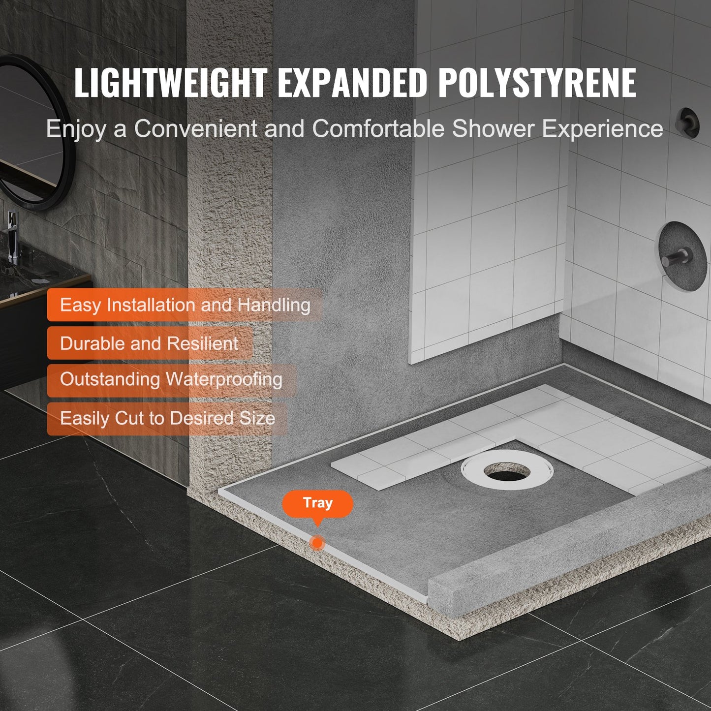 Shower edge kit, 1524x965 mm shower tray kit with 160 mm central drain, lightweight EPS shower installation kits with 2 waterproof cloths, shower tray tilt rods Suitable for bathrooms