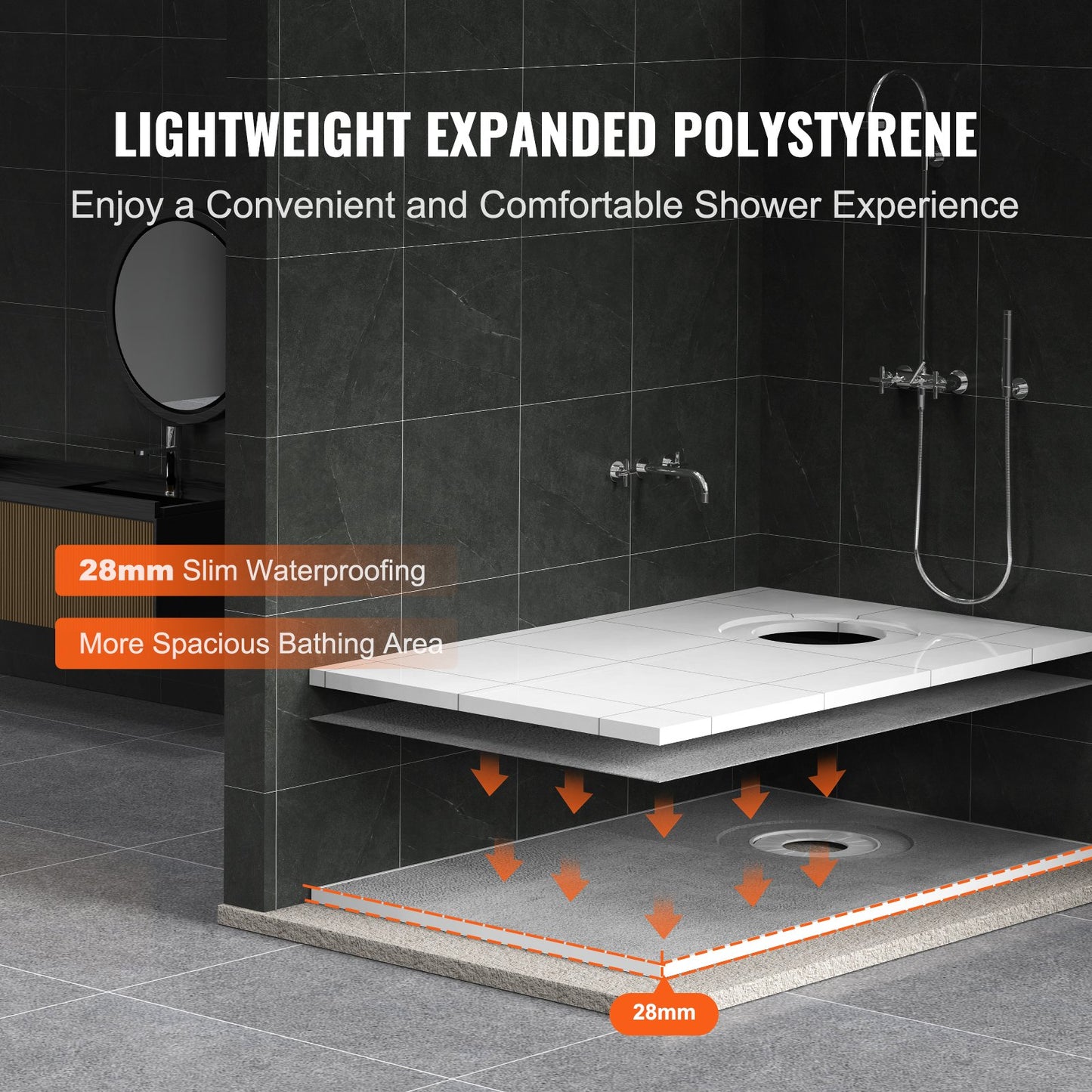 Shower edge kit, 1524x965 mm shower tray kit with 160 mm offset drain, lightweight EPS shower installation kits with 2 waterproof cloths, shower tray tilt rods Suitable for bathrooms