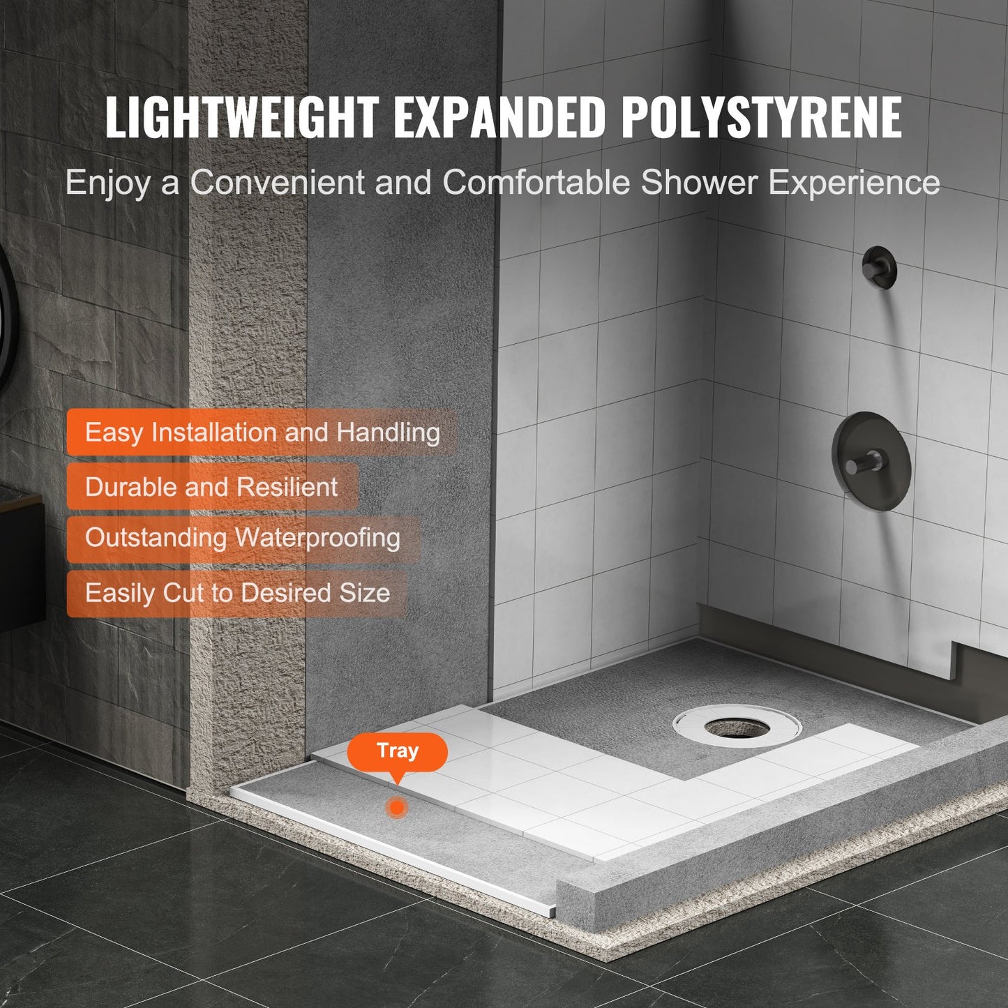 Shower edge kit, 1524x965 mm shower tray kit with 160 mm offset drain, lightweight EPS shower installation kits with 2 waterproof cloths, shower tray tilt rods Suitable for bathrooms