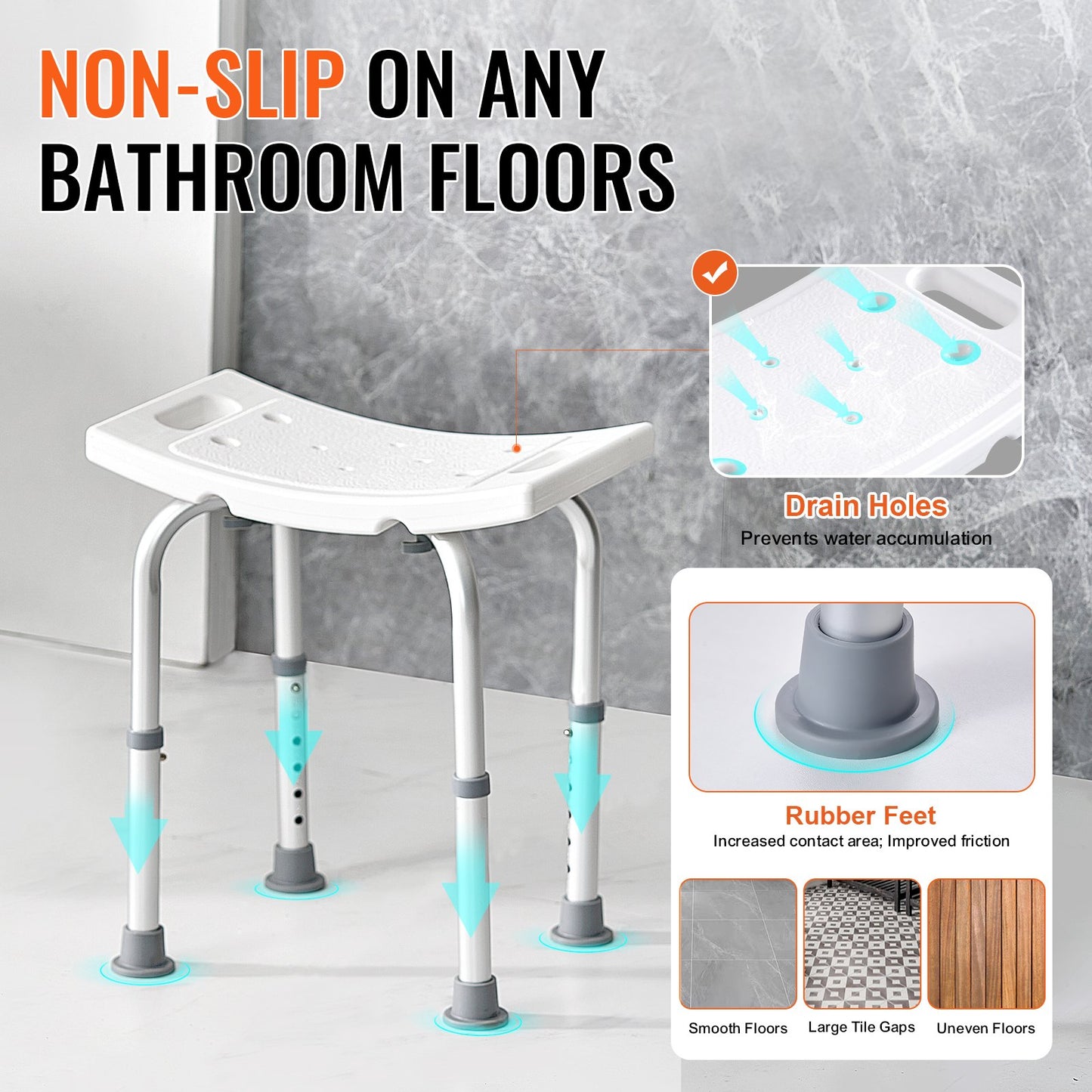 Shower chair, Adjustable height shower stool with built-in handles, Shower seat for indoor shower or bathtub, Non-slip bench Bathtub stool Seat for elderly disabled Handicap, 158.8 kg Capacity