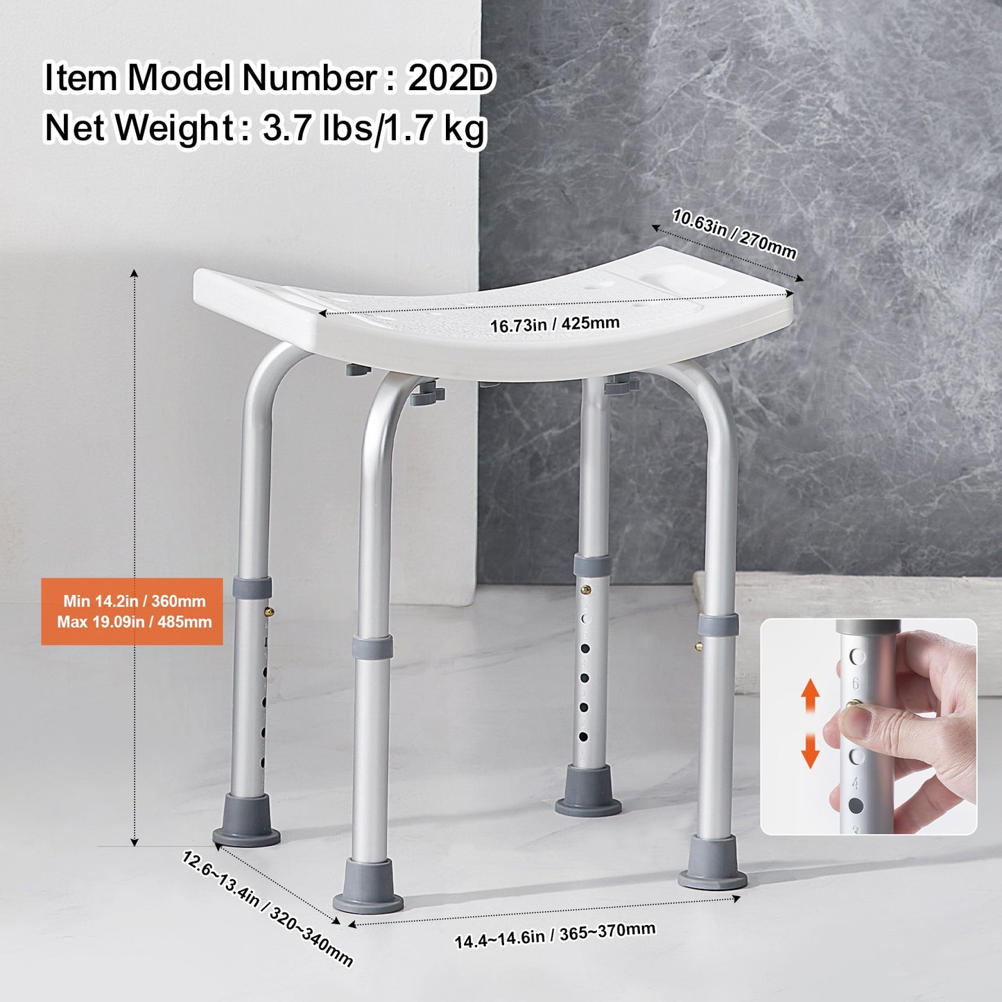 Shower chair, Adjustable height shower stool with built-in handles, Shower seat for indoor shower or bathtub, Non-slip bench Bathtub stool Seat for elderly disabled Handicap, 158.8 kg Capacity