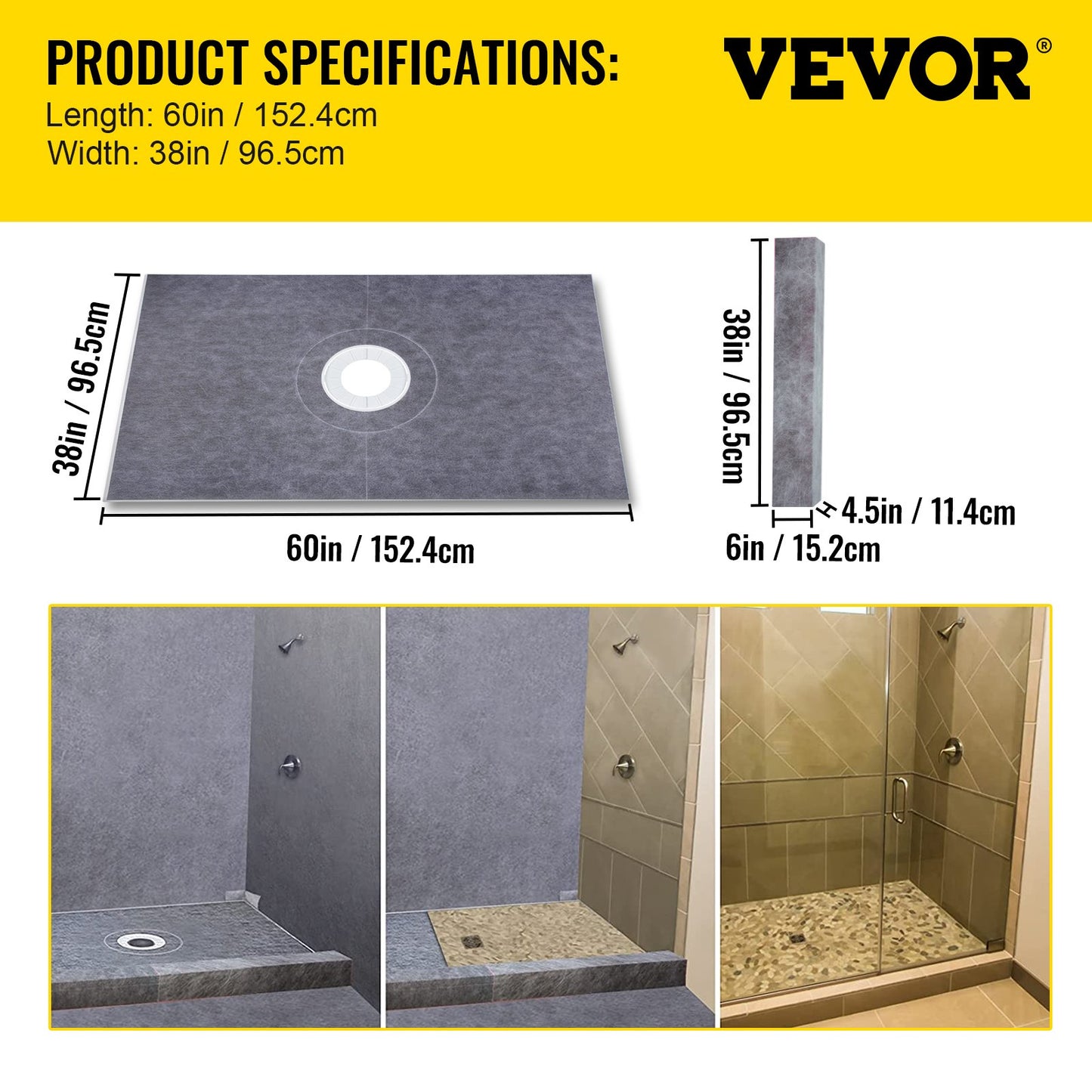 Waterproofing Shower Kit Shower Kit Bricka 38''x60'' med centralt avlopp PVC