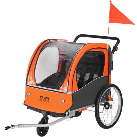 Fahrradanhänger für Kleinkinder, Kinder, Doppelsitz, 45,4 kg Tragkraft, 2-in-1-Verdeckhalterung, lässt sich in einen Kinderwagen umwandeln, faltbarer Kinderfahrradanhänger zum Hinterherziehen mit universeller Fahrradkupplung, Orange und Grau