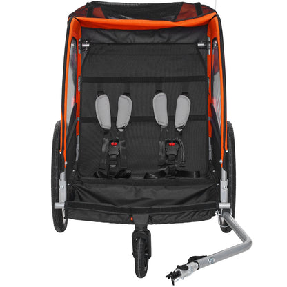 Fahrradanhänger für Kleinkinder, Kinder, Doppelsitz, 45,4 kg Tragkraft, 2-in-1-Verdeckhalterung, lässt sich in einen Kinderwagen umwandeln, faltbarer Kinderfahrradanhänger zum Hinterherziehen mit universeller Fahrradkupplung, Orange und Grau