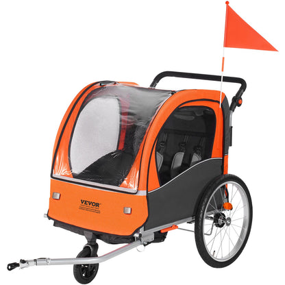 Fahrradanhänger für Kleinkinder, Kinder, Doppelsitz, 45,4 kg Tragkraft, 2-in-1-Verdeckhalterung, lässt sich in einen Kinderwagen umwandeln, faltbarer Kinderfahrradanhänger zum Hinterherziehen mit universeller Fahrradkupplung, Orange und Grau