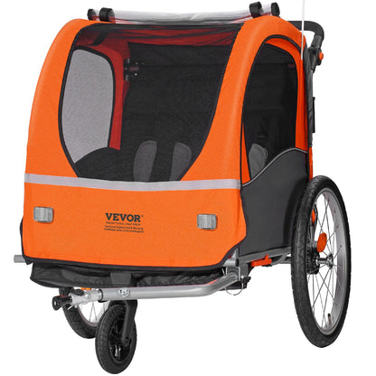 Fahrradanhänger für Kleinkinder, Kinder, Doppelsitz, 45,4 kg Tragkraft, 2-in-1-Verdeckhalterung, lässt sich in einen Kinderwagen umwandeln, faltbarer Kinderfahrradanhänger zum Hinterherziehen mit universeller Fahrradkupplung, Orange und Grau