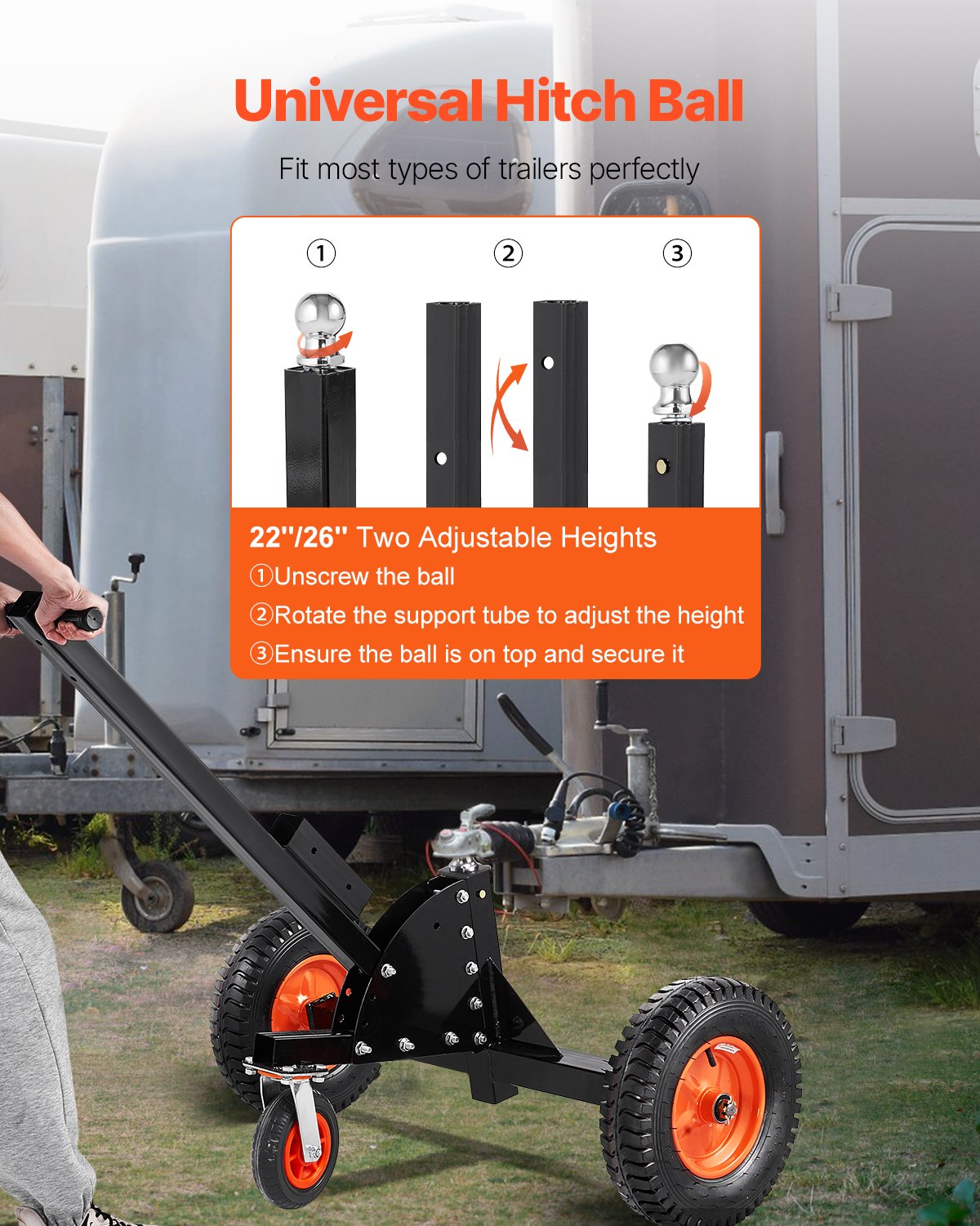 1500lbs 2-in-1 Trailer Dolly 22 and 26 in Adjustable Height 2-inch Ball with Wheels