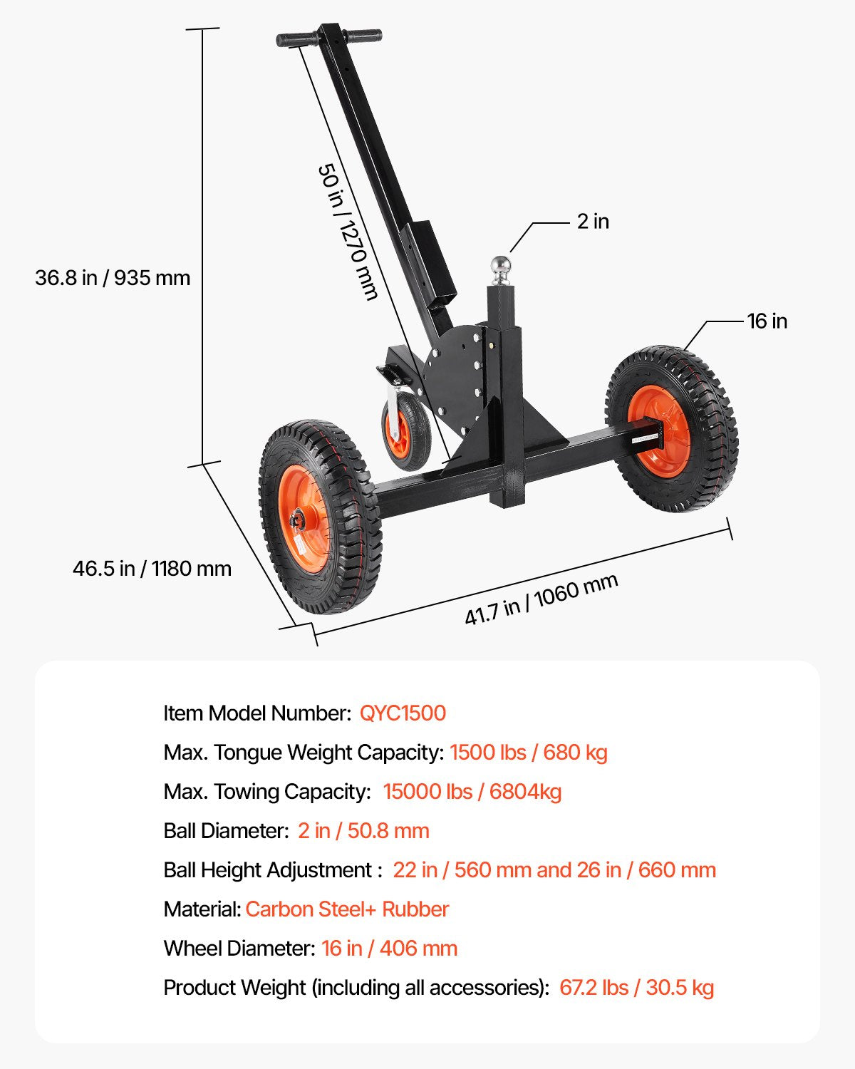 1500lbs 2-in-1 Trailer Dolly 22 and 26 in Adjustable Height 2-inch Ball with Wheels