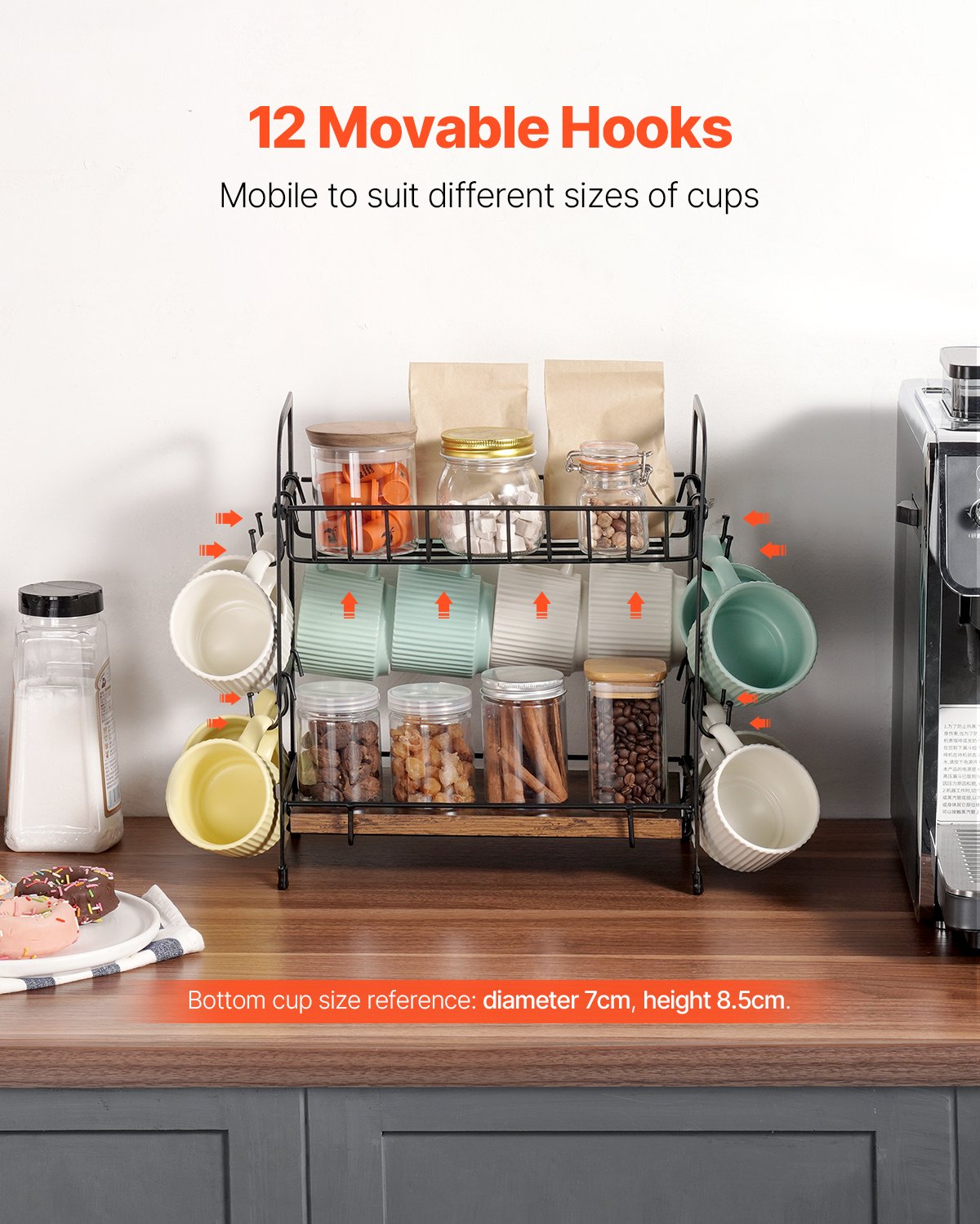 2-Tier Countertop Coffee Bar Organizer with 12 Movable Hooks Cup Holder
