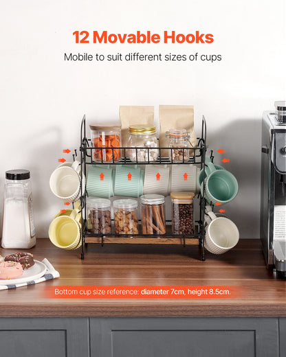 2-Tier Countertop Coffee Bar Organizer with 12 Movable Hooks Cup Holder