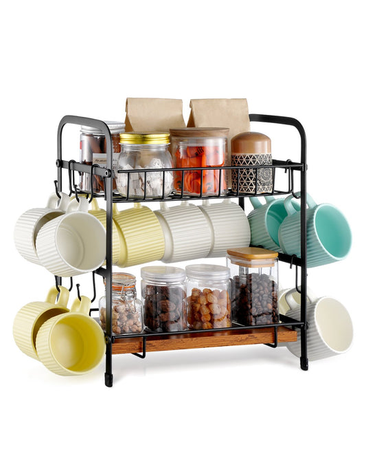 2-Tier Countertop Coffee Bar Organizer with 12 Movable Hooks Cup Holder