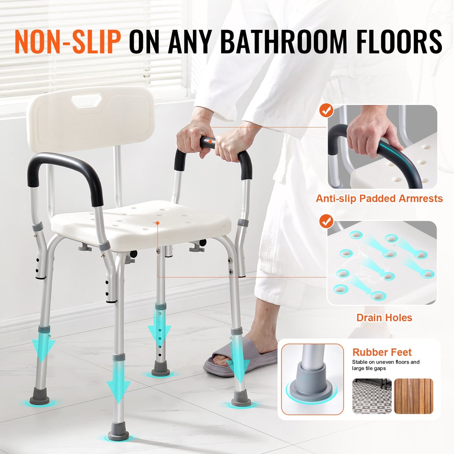 Shower Chair, Shower Seat with Back, Shower Stool with Adjustable Height, Shower Chair for Indoor Shower Tub, Non-Slip Bathroom Bench Bath Chair for Elderly Disabled Handicap, 158.8 kg Capacity