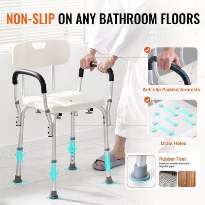 Shower Chair, Shower Seat with Back, Shower Stool with Adjustable Height, Shower Chair for Indoor Shower Tub, Non-Slip Bathroom Bench Bath Chair for Elderly Disabled Handicap, 158.8 kg Capacity