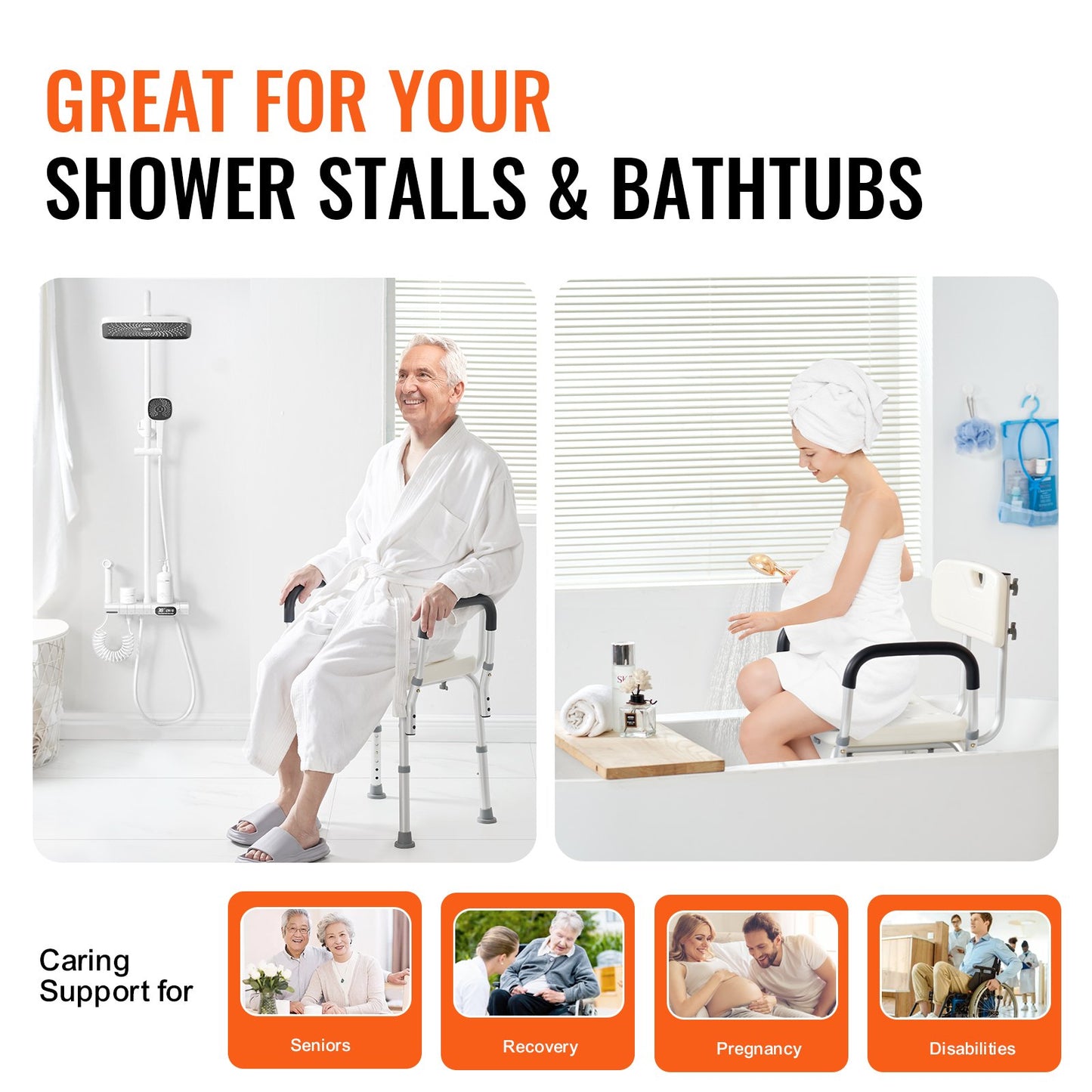 Shower Chair, Shower Seat with Back, Shower Stool with Adjustable Height, Shower Chair for Indoor Shower Tub, Non-Slip Bathroom Bench Bath Chair for Elderly Disabled Handicap, 158.8 kg Capacity