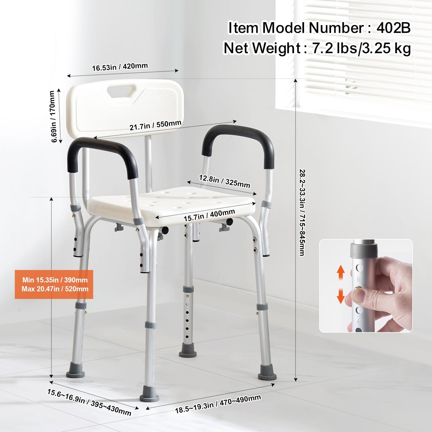 Shower Chair, Shower Seat with Back, Shower Stool with Adjustable Height, Shower Chair for Indoor Shower Tub, Non-Slip Bathroom Bench Bath Chair for Elderly Disabled Handicap, 158.8 kg Capacity